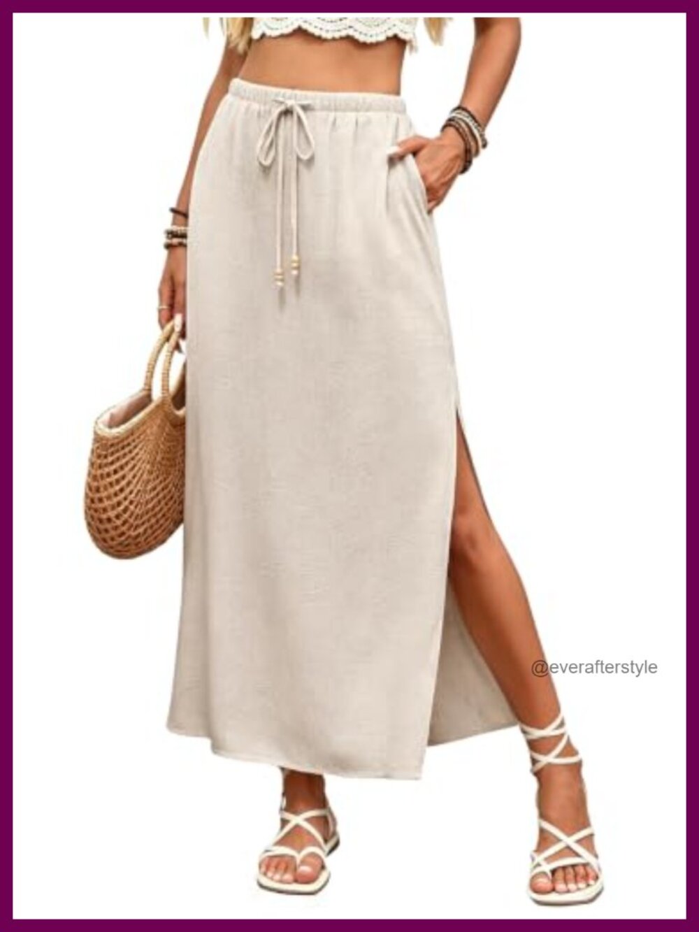 Linen Blend Maxi Slit Skirt Adjustable Drawstring Beach Skirt